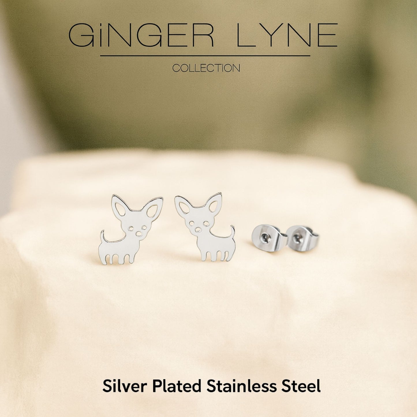 Ginger Lyne Chihuahua Dog Stud Earrings for Women Stainless Steel Puppy Pet Jewelry Gifts - Silver Tone