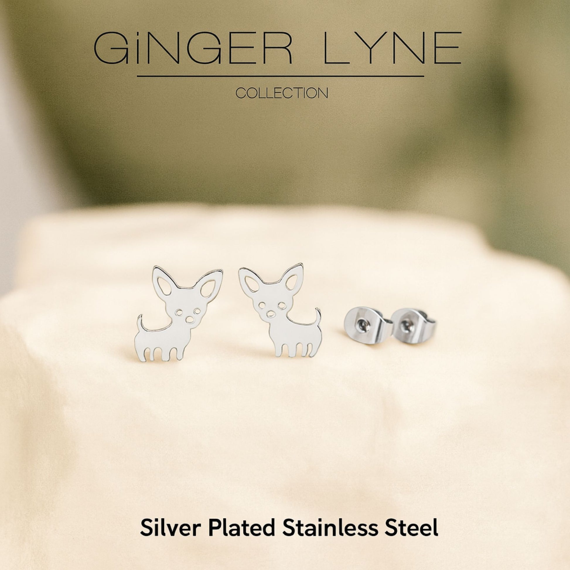 Ginger Lyne Chihuahua Dog Stud Earrings for Women Stainless Steel Puppy Pet Jewelry Gifts - Silver Tone