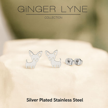 Ginger Lyne Chihuahua Dog Stud Earrings for Women Stainless Steel Puppy Pet Jewelry Gifts - Silver Tone