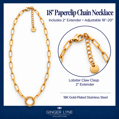 Carabiner Charm Necklace for Women Paperclip Chain Round Carabiner Holder Stainless Steel by Ginger Lyne - 12mm/Gold