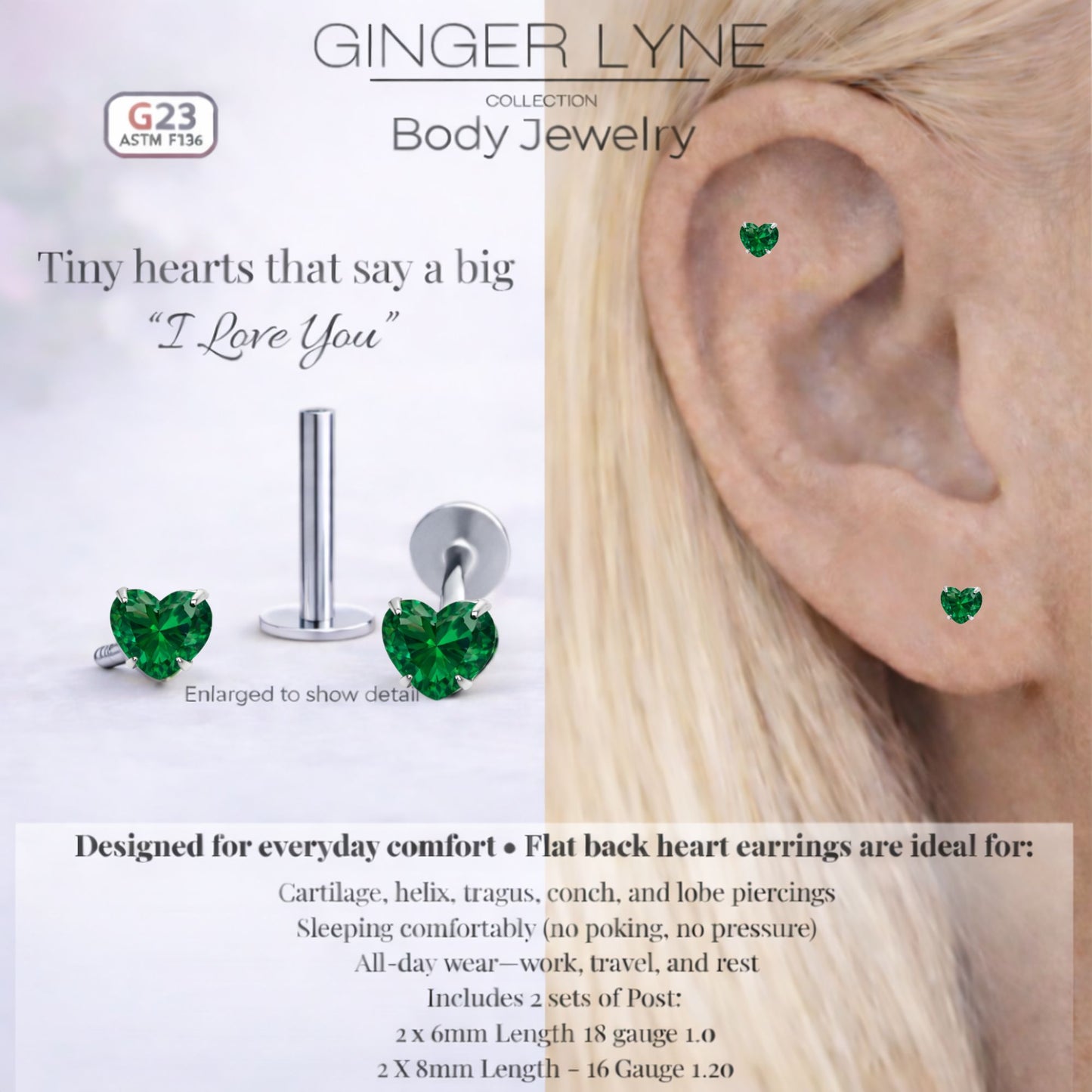 Small Heart CZ Solitaire Flat Back Stud Earrings Body Piercings by Ginger Lyne 2 Sets Post 6mm 8mm Included - 5mm-DkGreen