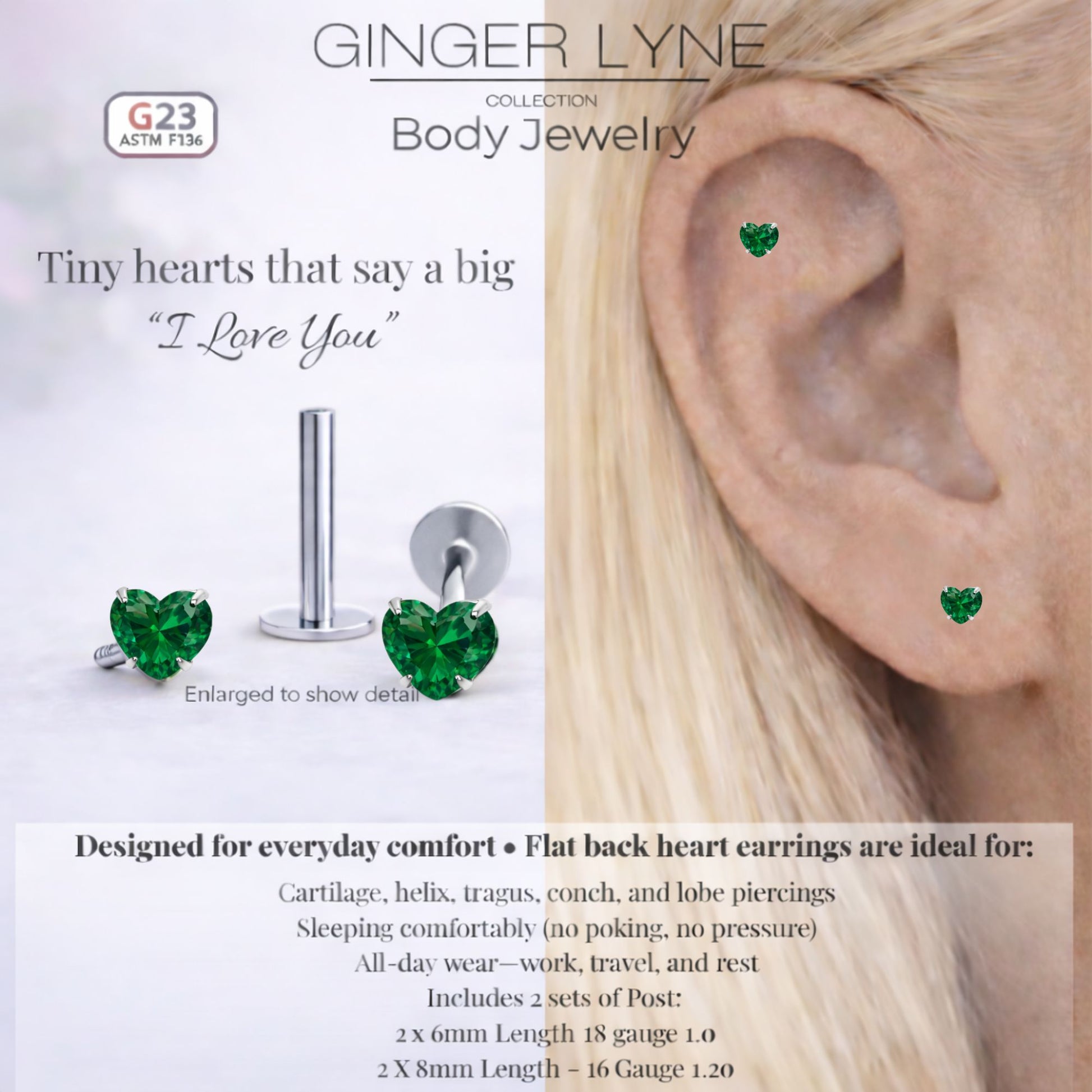 Small Heart CZ Solitaire Flat Back Stud Earrings Body Piercings by Ginger Lyne 2 Sets Post 6mm 8mm Included - 5mm-DkGreen