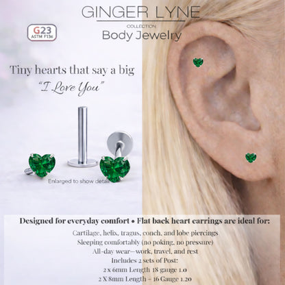 Small Heart CZ Solitaire Flat Back Stud Earrings Body Piercings by Ginger Lyne 2 Sets Post 6mm 8mm Included - 5mm-DkGreen