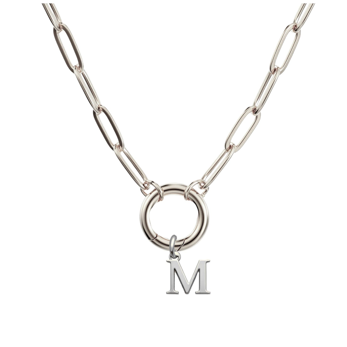PaperclipLinkCircleCarabinerIntialLetterCharmHolderNecklaceforWomenStainlessSteel20"GingerLyne_Silver-M-1