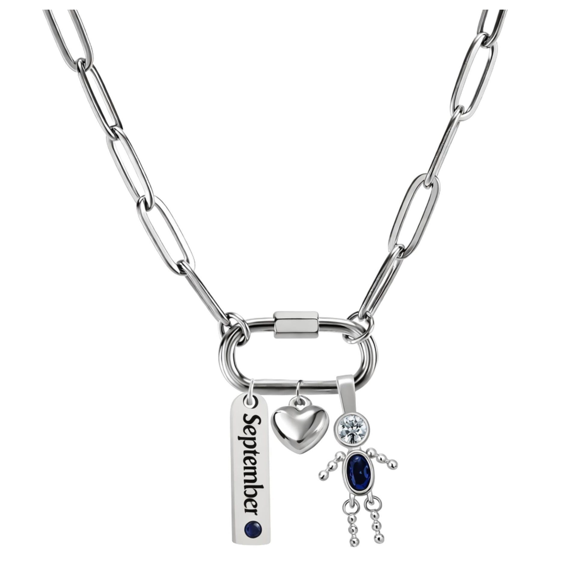CarabinerFamilyBirthstoneNecklaceforMomorGrandmabyGingerLyneStainlessSteelCZBirthdayCharms_Male-September-Silver-1