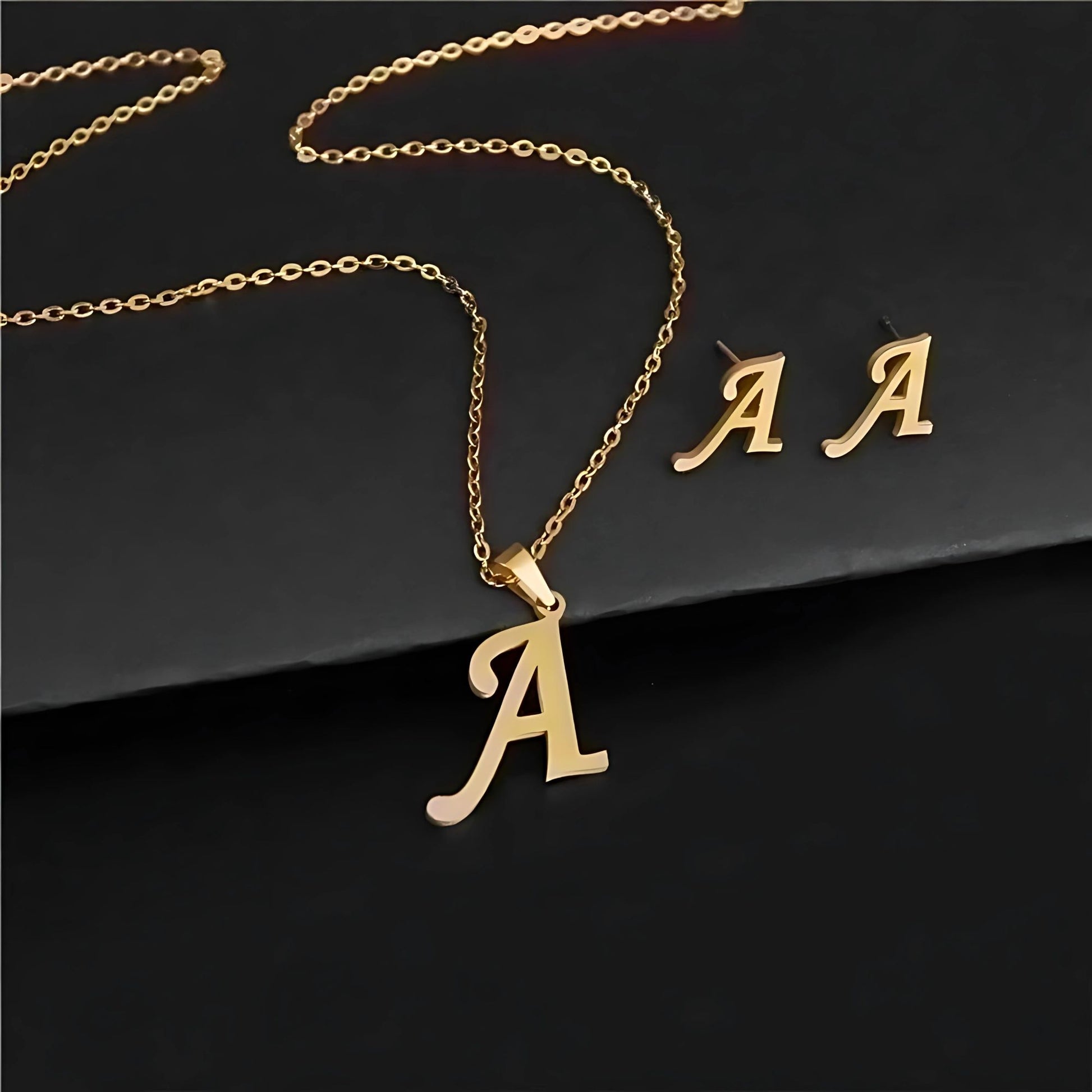 InitialLetterPendantNecklaceEarringsSetforWomenGoldPlatedStainlessSteelbyGingerLyne_A-2