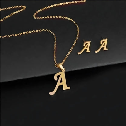 InitialLetterPendantNecklaceEarringsSetforWomenGoldPlatedStainlessSteelbyGingerLyne_A-2