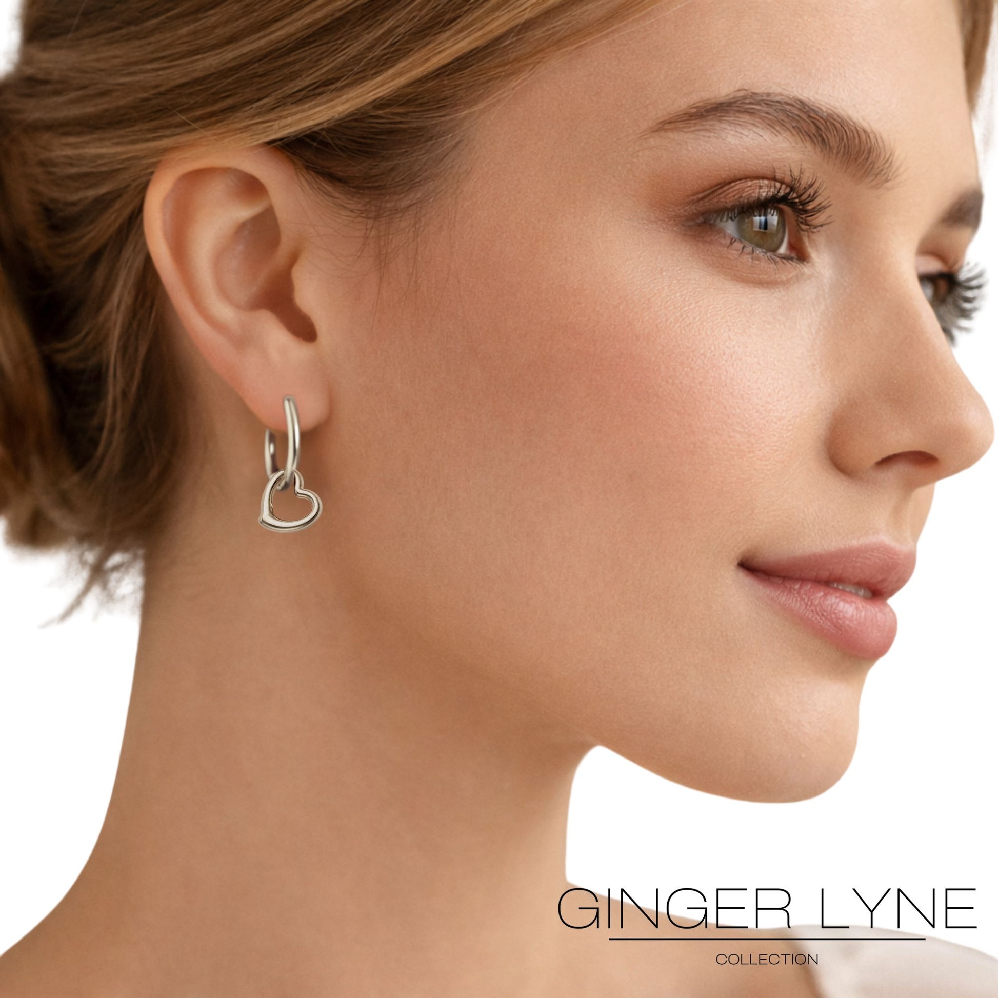 Open Heart Charm Dangle Huggie Hoop Earrings Stainless Steel by Ginger Lyne - Silver Tone