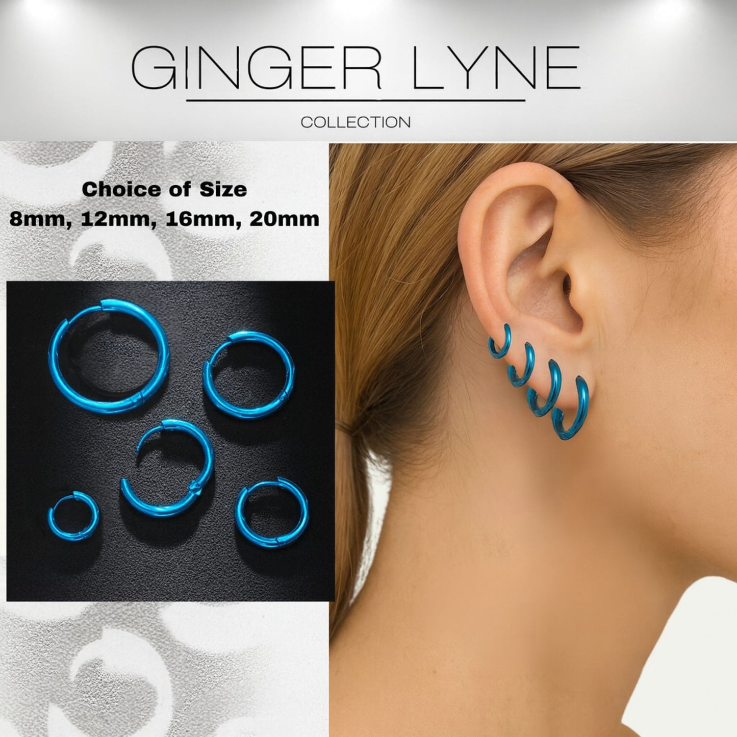Stainless Steel Hoop Earrings by Ginger Lyne Huggie Style for Lobe Cartilage Piercing Body Jewelry - Blue-20mm