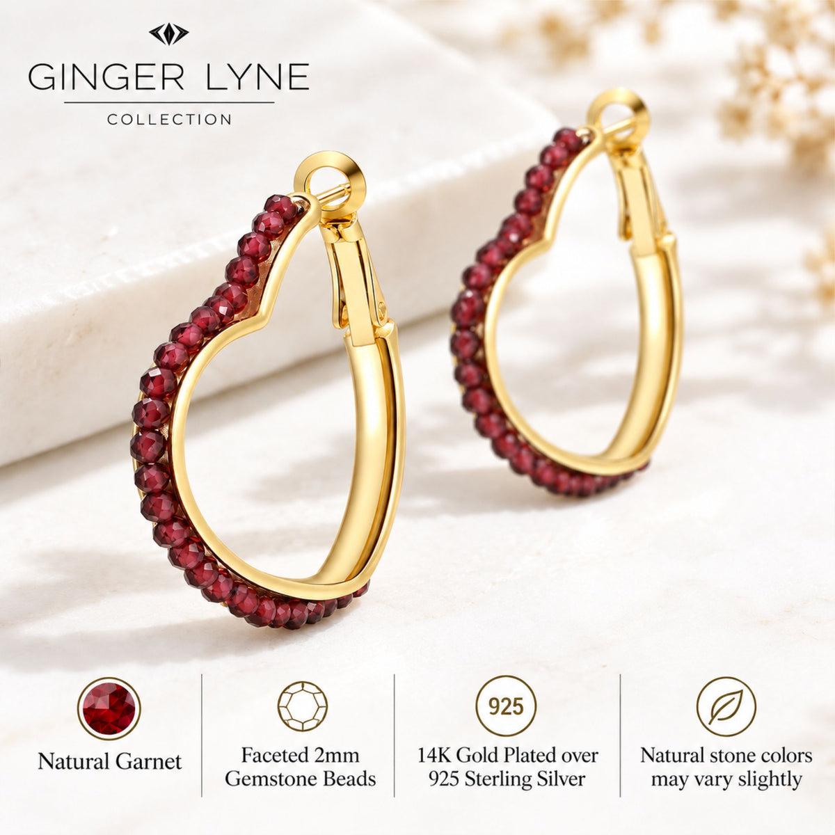 Heart Hoop Earrings for Women 14K Gold Plated Sterling Silver Natural Red Garnet - Red