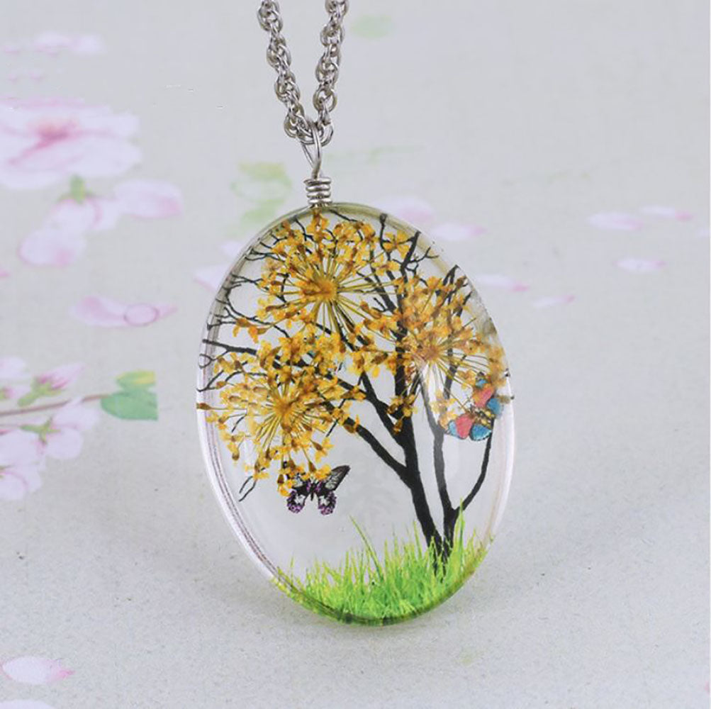 Dried Flower Oval Tree Butterfly Pendant Necklace Women Ginger Lyne Collection