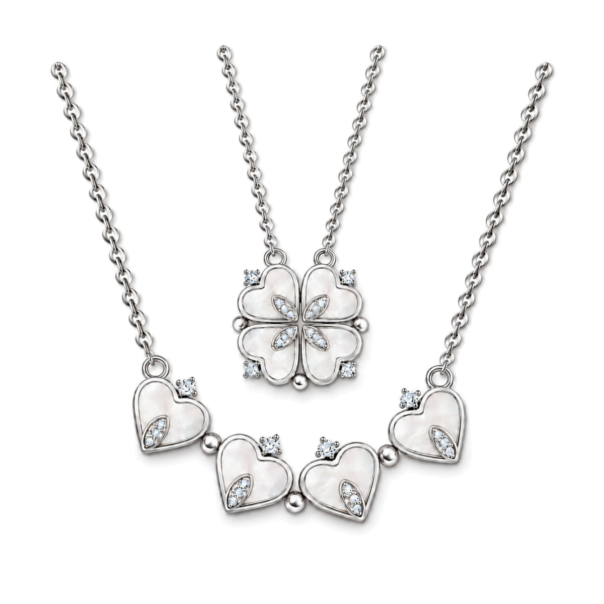 4 Leaf Clover Heart Pendant Necklace for Women Magnetic Sterling Silver Ginger Lyne Collection - White Gold