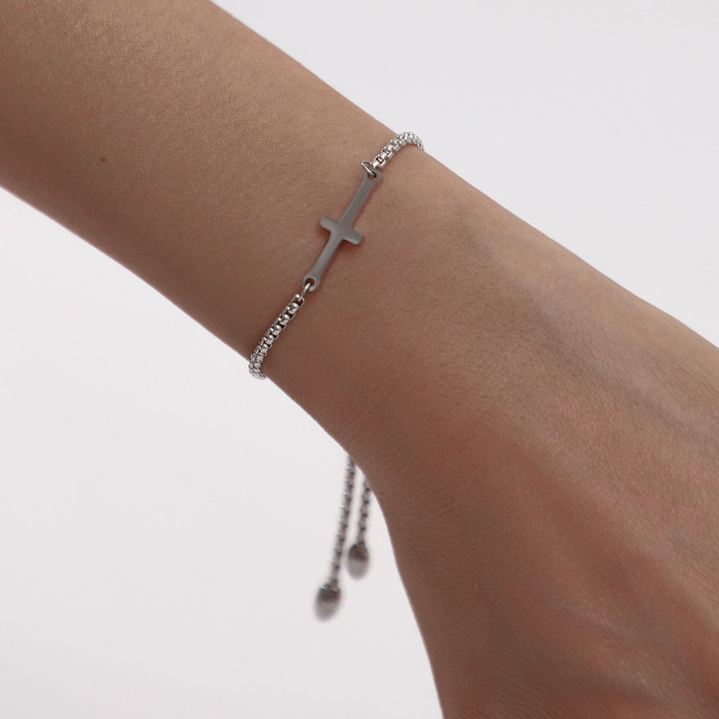 Religious Cross Bracelet by Ginger Lyne Adjustable Stainless Steel Chain Silver or Gold Finish - Silver