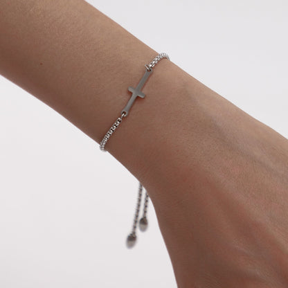 Religious Cross Bracelet by Ginger Lyne Adjustable Stainless Steel Chain Silver or Gold Finish - Silver