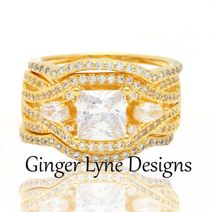 Pat Bridal Set 3pc Cz Gold Pl Engagement Ring Bands Womens Ginger Lyne Collection