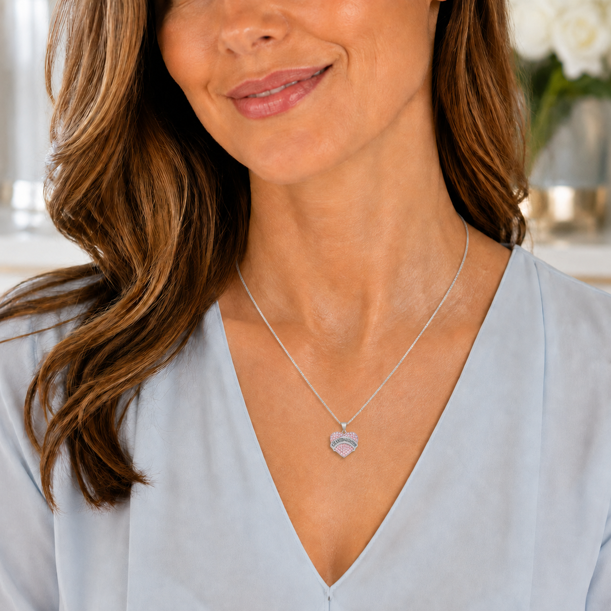 Granddaughter Necklace for Women by Ginger Lyne CZ Heart Pendant White Gold Plated - Pink