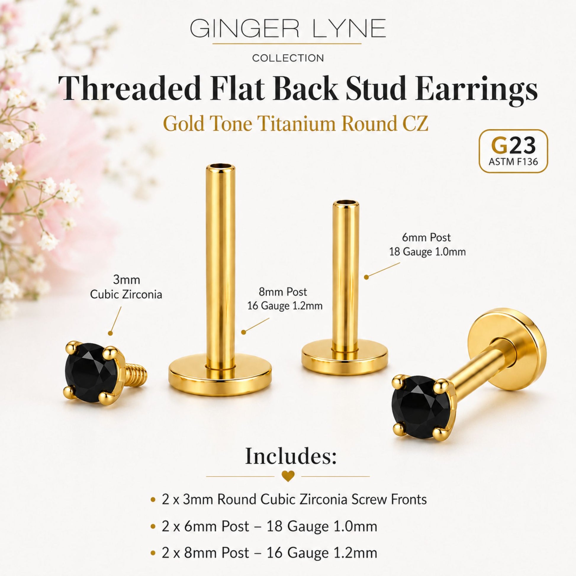 GoldPlatedTitaniumFlatBackEarrings3mmBlackRoundSolitaireCZStudEarringsforWomen,ConchHelixTragusLabretPiercingJewelry6Pc_Black-4