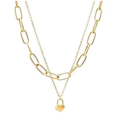 PaperclipChainLayeredNecklaceforWomenHeartLockPendantGoldoverStainlessSteelAdjustableupto21"_Necklace-Gold-1