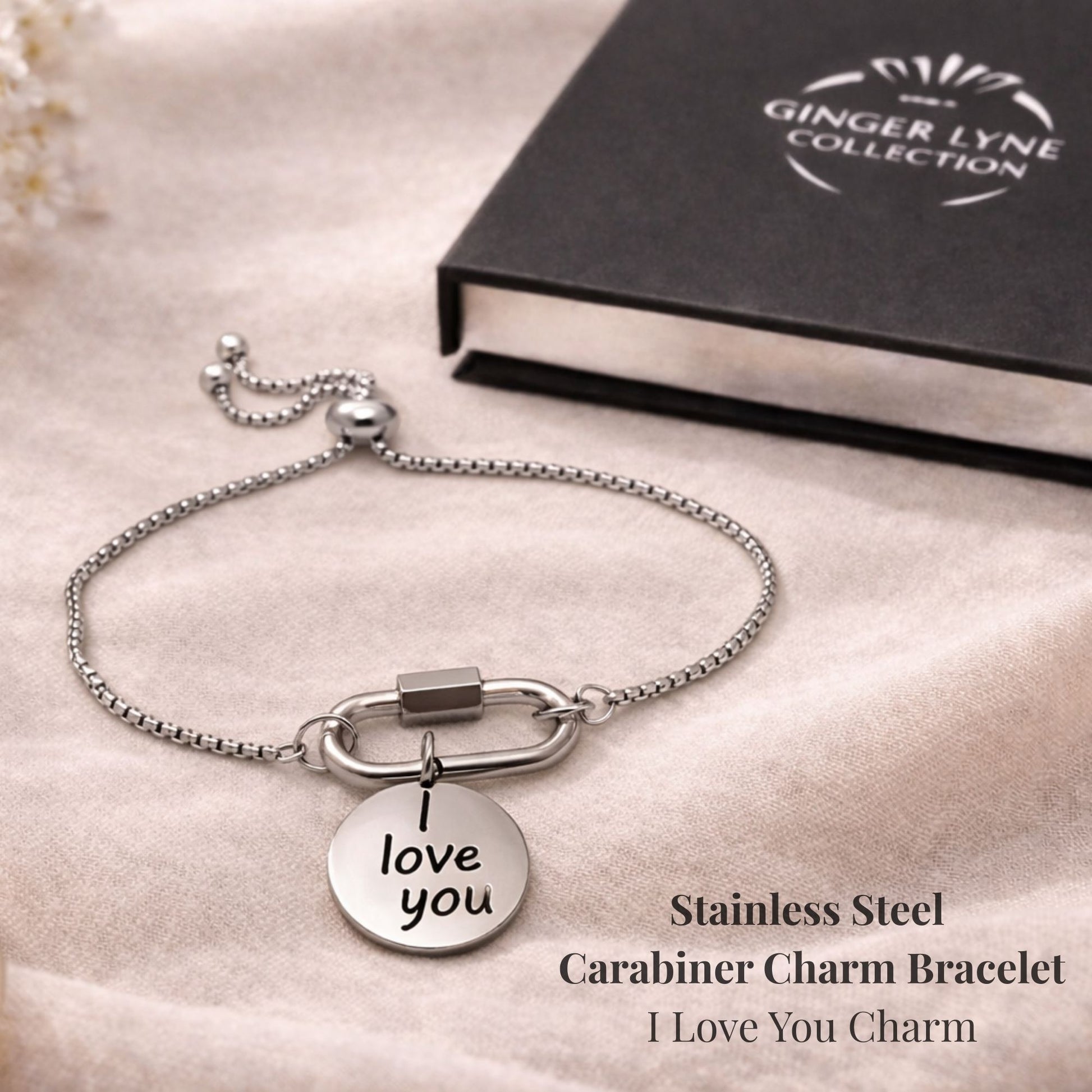 Carabiner Charm Bracelet with I Love You Charm by Ginger Lyne Adjustable Stainless Steel Chain - Silver Tone