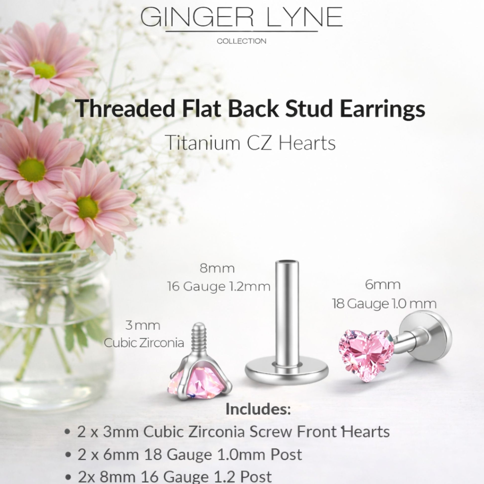 Small Heart CZ Solitaire Flat Back Stud Earrings Titanium Body Piercings by Ginger Lyne 2 Sets Post 6mm 8mm - 3mm-Pink