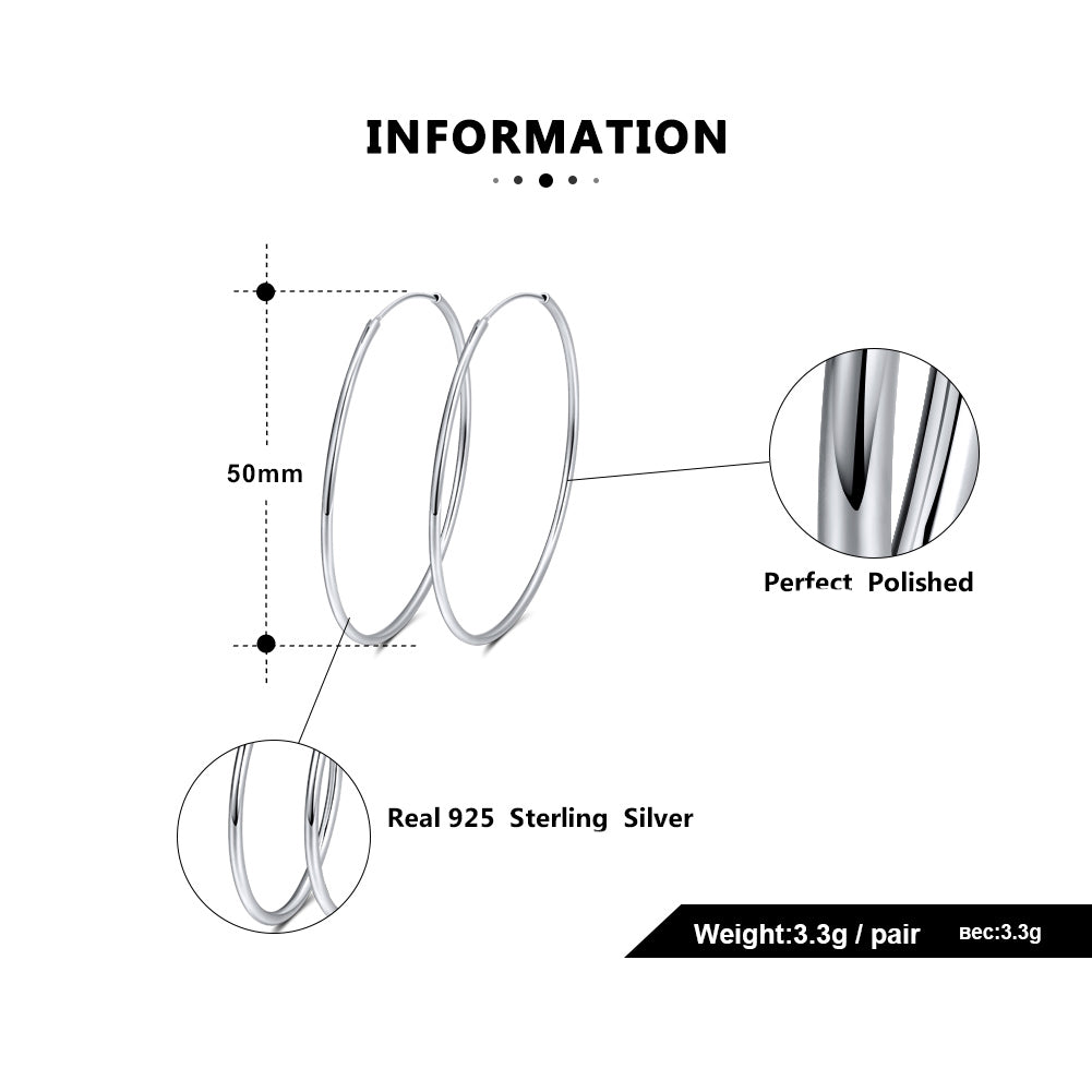 Thin Hoop Earrings for Women Classic Thin Sterling Silver Womens Ginger Lyne Collection - 50mm-Silver