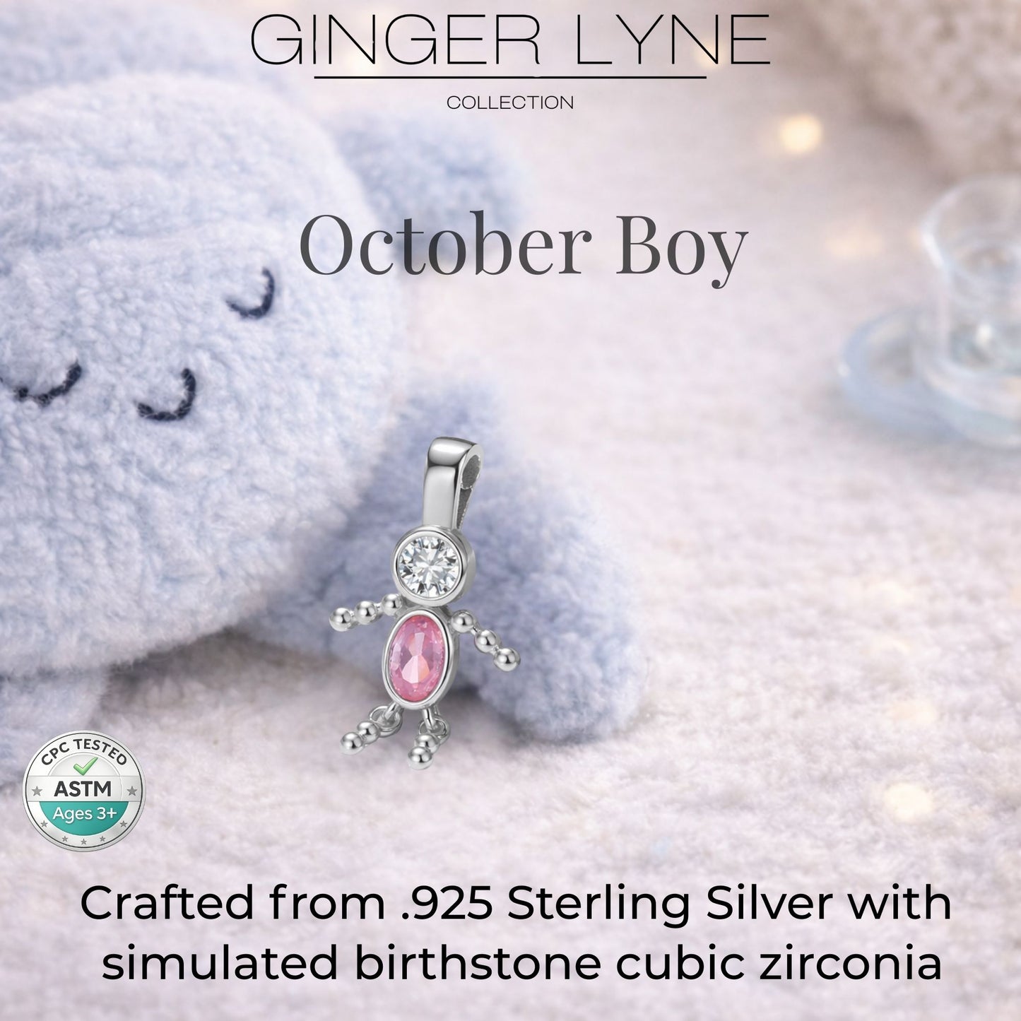 Baby Boy Birthstone Charm Children Pendants for Mom or Grandma Necklace by Ginger Lyne CZ Sterling Silver - Boy October