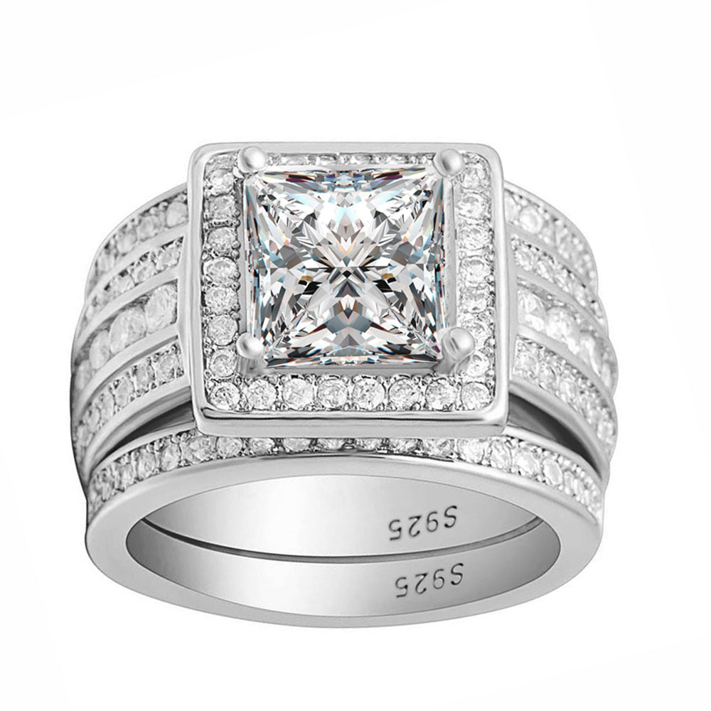 Beverly Bridal Set Halo Sterling Silver Engagement Ring Black Wedding Bands Ginger Lyne Collection - White Gold over Silver,6