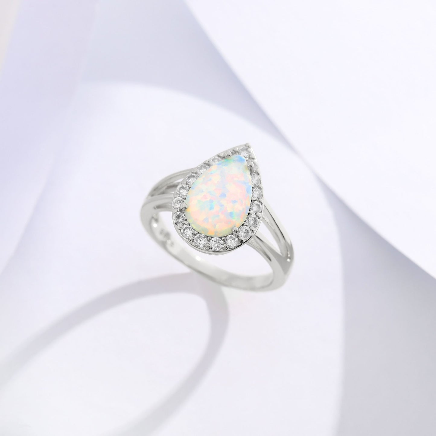 Teardrop Opal Ring for Women Isabella 4 Ct Pear Shape Sterling Silver CZ Halo Ginger Lyne Collection