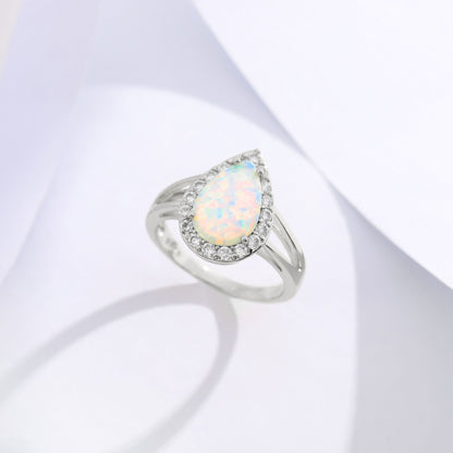 Teardrop Opal Ring for Women Isabella 4 Ct Pear Shape Sterling Silver CZ Halo Ginger Lyne Collection