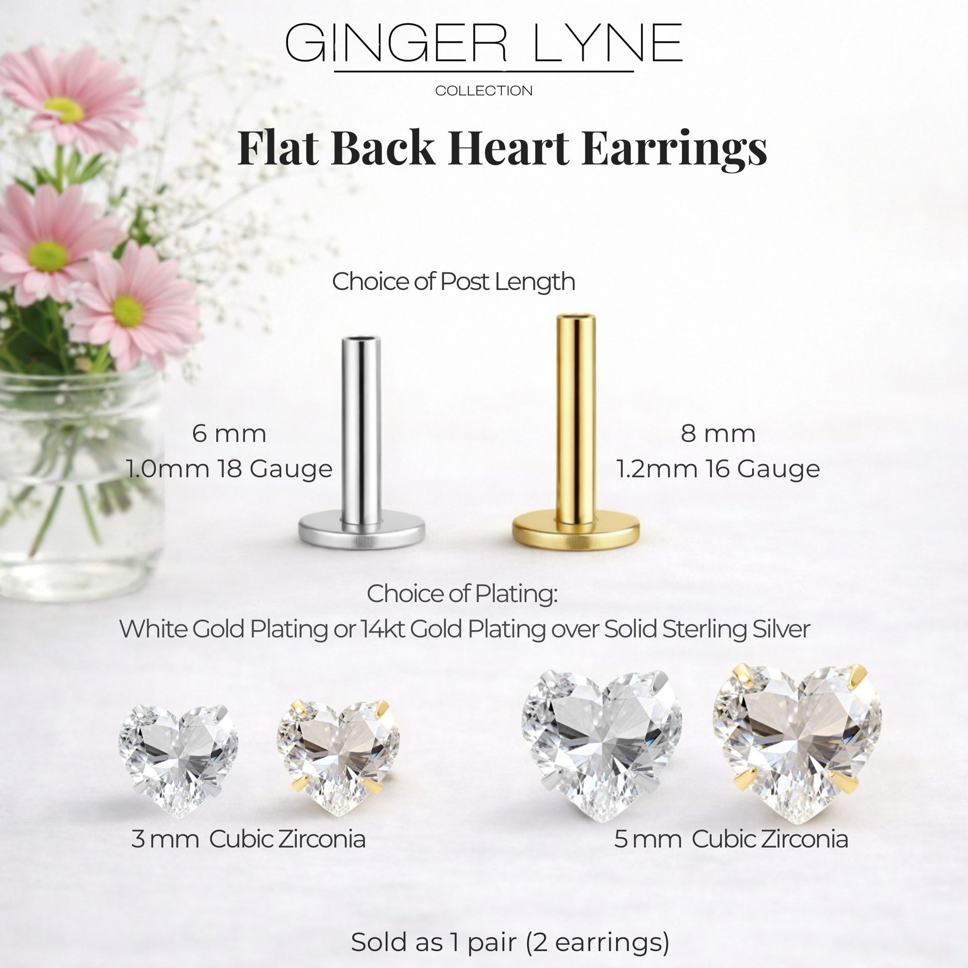 Ginger Lyne Solitaire Heart Flat Back Stud Earrings Sterling Silver Cubic Zirconia Body Jewelry - Silver-3mmCZ-16G-8mmPost
