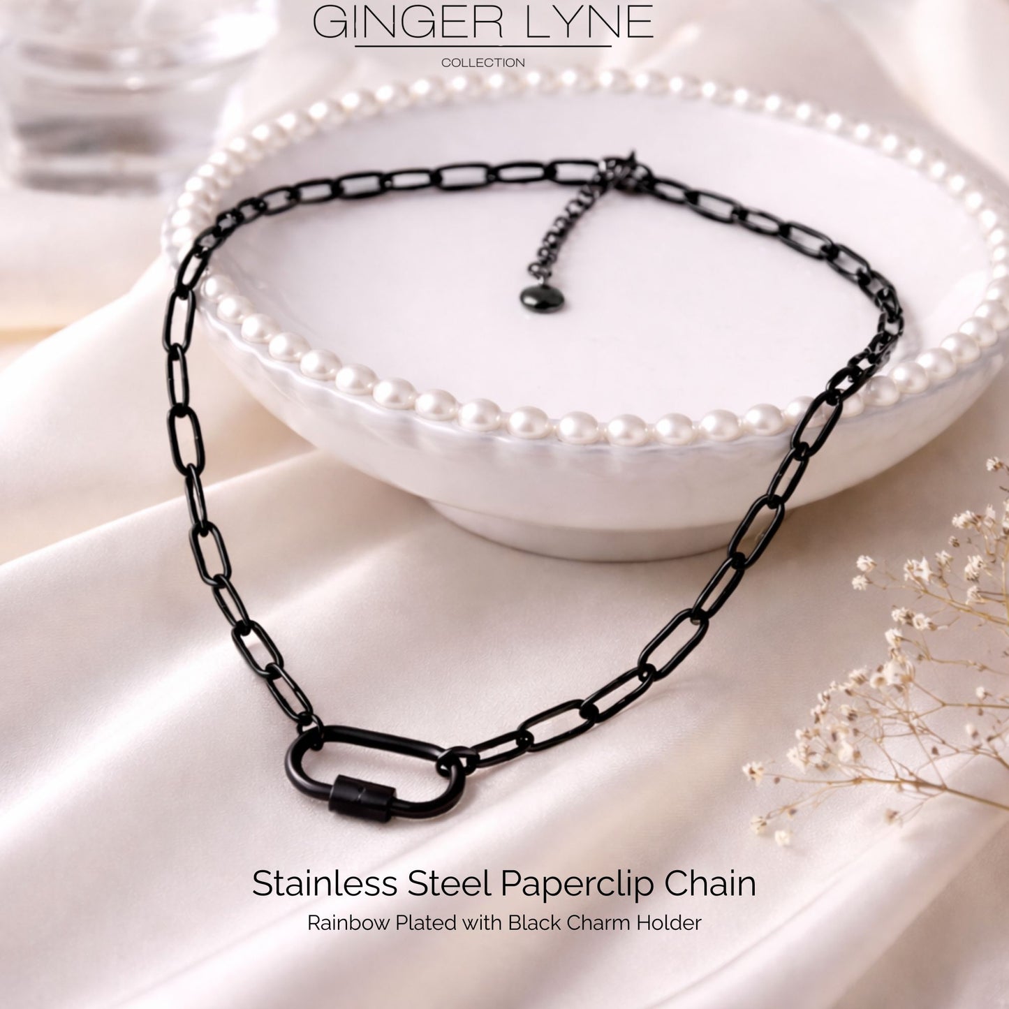 Carabiner Charm Holder Necklace for Women by Ginger Lyne Paperclip Chain Black Stainless Steel 18-20" - Black-PaperclipChain/Rect Sq CH