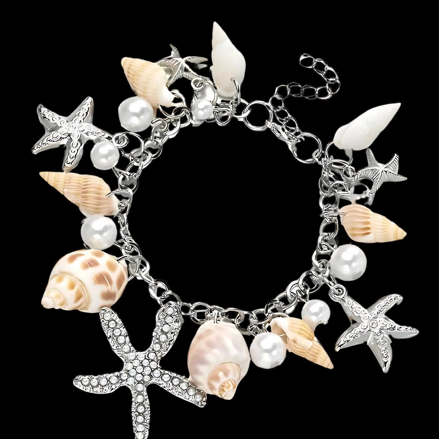 Seashell Charm Bracelet for Women by Ginger Lyne Gold Plated Pearls Starfish and Shells - Silver