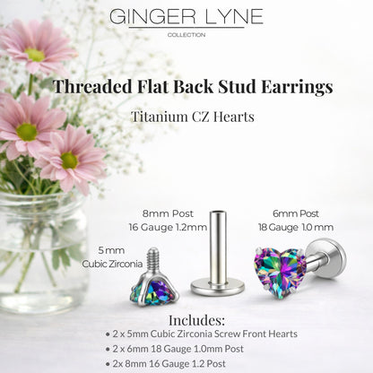 Small Heart CZ Solitaire Flat Back Stud Earrings Body Piercings by Ginger Lyne 2 Sets Post 6mm 8mm Included - 5mm-MysticRainbow