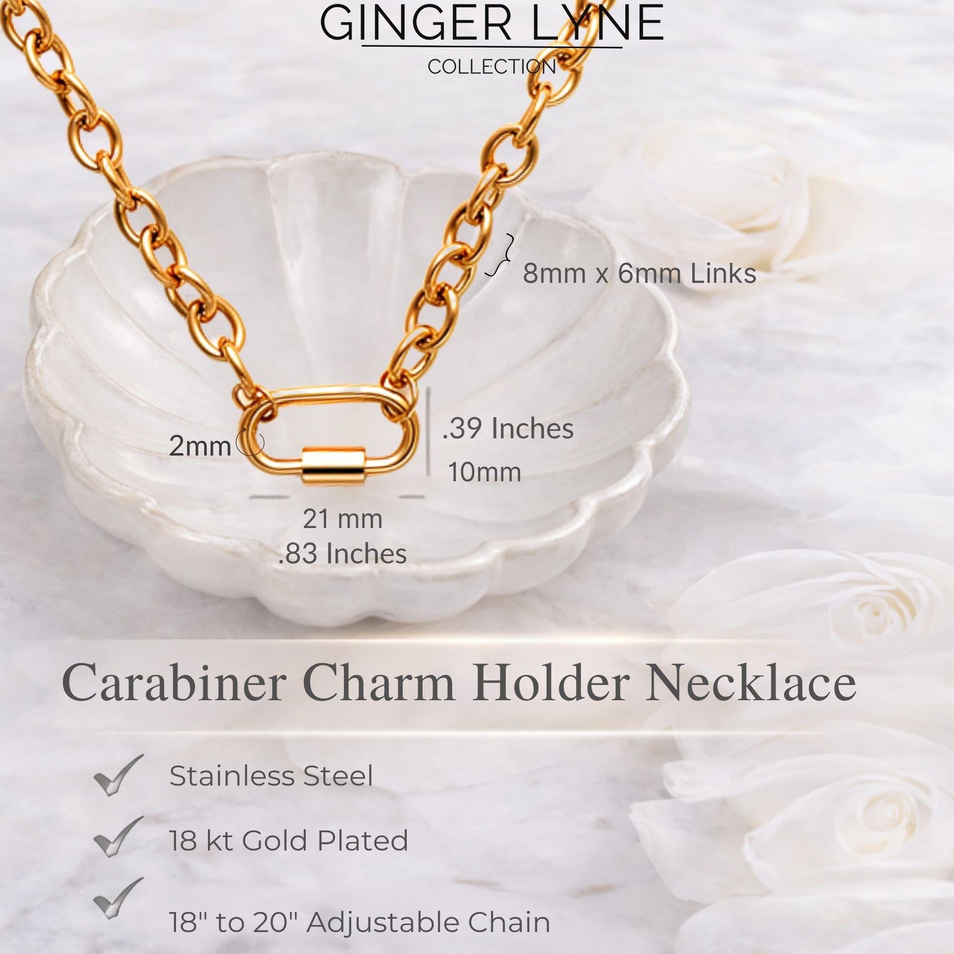 Carabiner Charm Holder Necklace for Women by Ginger Lyne O Chain Silver Gold Plated Stainless Steel 18-20" - Gold-OChain/Rect Sq CH