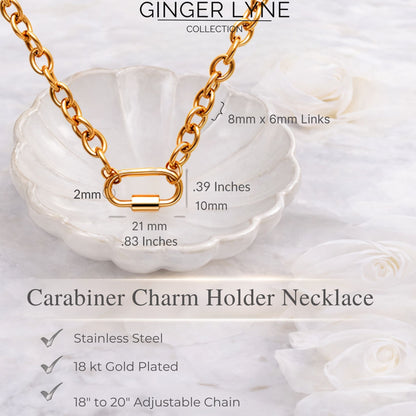 Carabiner Charm Holder Necklace for Women by Ginger Lyne O Chain Silver Gold Plated Stainless Steel 18-20" - Gold-OChain/Rect Sq CH