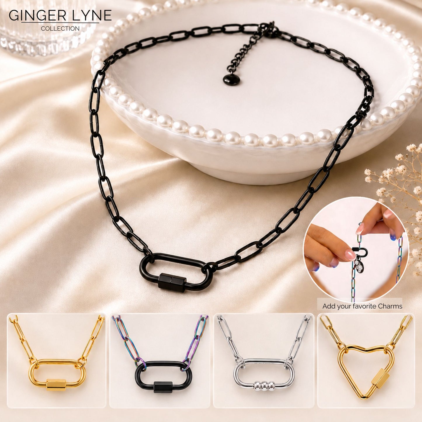 Carabiner Charm Holder Necklace for Women by Ginger Lyne Paperclip Chain Silver Stainless Steel 18-20" - Silver-PaperclipChain/Rect Sq CH