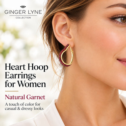Heart Hoop Earrings for Women 14K Gold Plated Sterling Silver Natural Red Garnet - Red