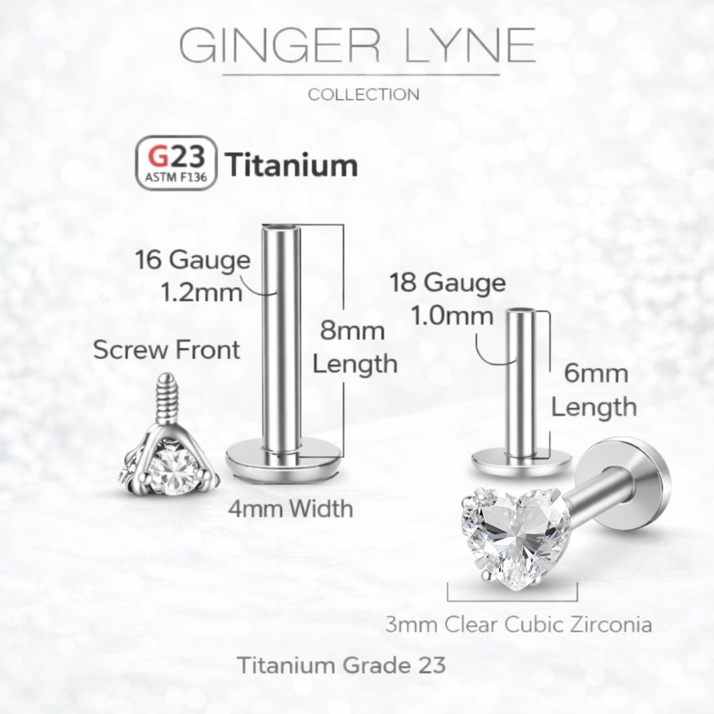 Small Heart CZ Solitaire Flat Back Stud Earrings Titanium Body Piercings by Ginger Lyne 2 Sets Post 6mm 8mm - 3mm-Clear
