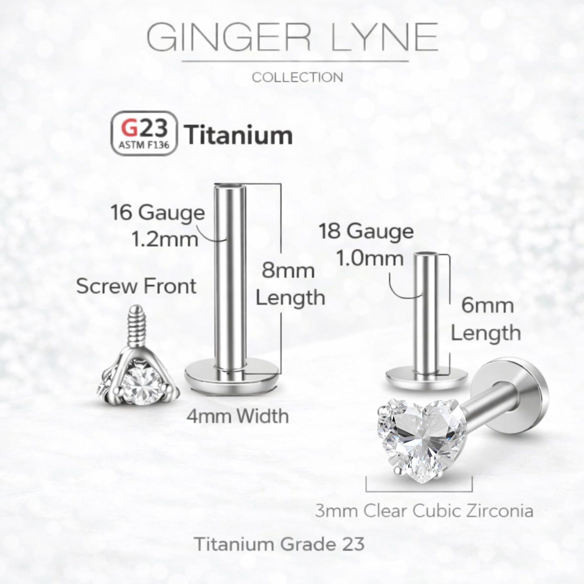 Small Heart CZ Solitaire Flat Back Stud Earrings Titanium Body Piercings by Ginger Lyne 2 Sets Post 6mm 8mm - 3mm-Clear
