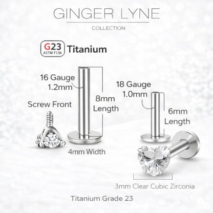 Small Heart CZ Solitaire Flat Back Stud Earrings Titanium Body Piercings by Ginger Lyne 2 Sets Post 6mm 8mm - 3mm-Clear