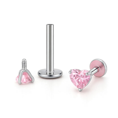 SmallHeartSolitaireFlatBackStudEarringsBodyPiercingsbyGingerLyne2Sets3mmCZStainlessSteel16g6mmand8mmLengths_Pink-1