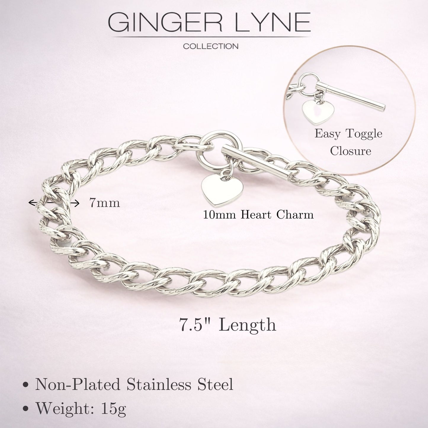 Heart Charm Toggle Bracelet for Women by Ginger Lyne Stainless Steel Chain - Silver Tone