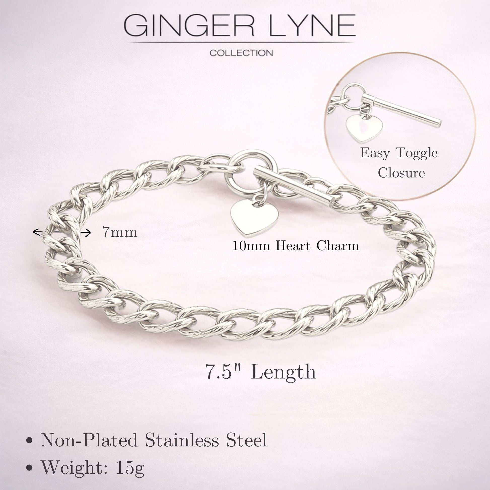 Heart Charm Toggle Bracelet for Women by Ginger Lyne Stainless Steel Chain - Silver Tone