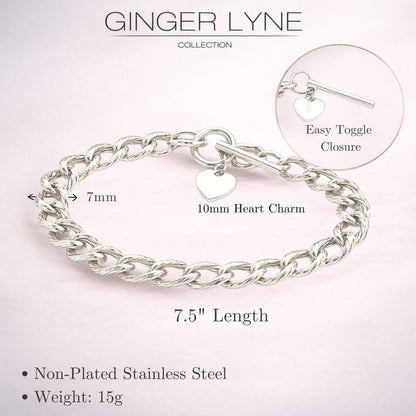 Heart Charm Toggle Bracelet for Women by Ginger Lyne Stainless Steel Chain - Silver Tone