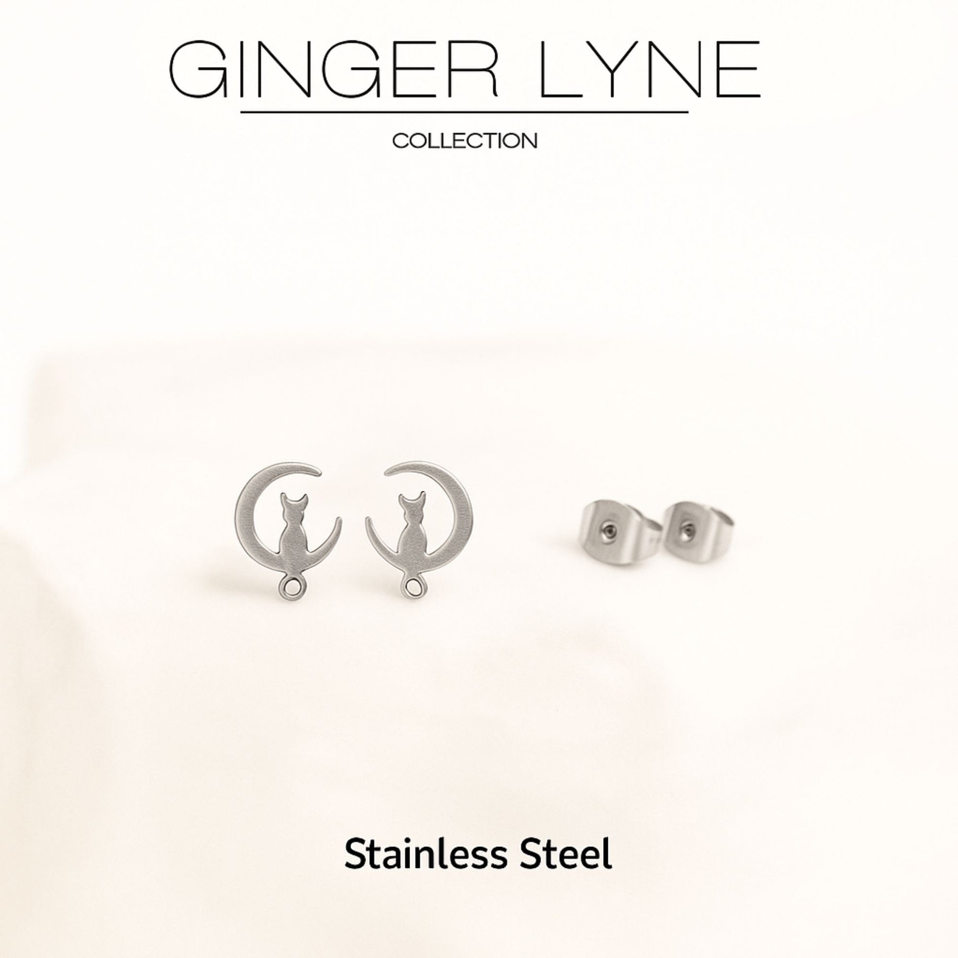 Ginger Lyne Cat Moon Earrings for Women Stainless Steel Kitty Studs Pet Jewelry Gifts for Her - Silver Tone