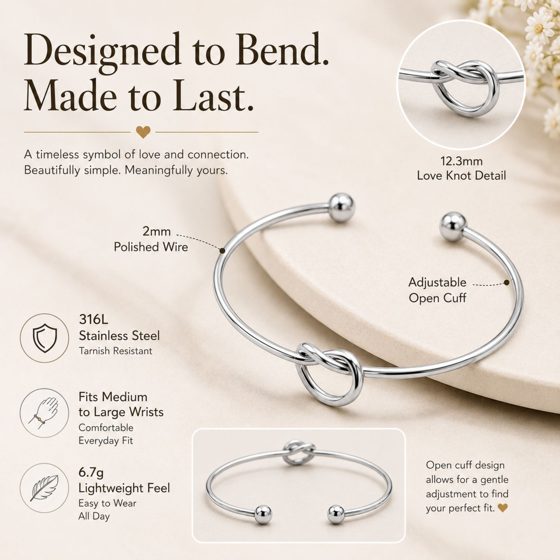 Love Knot Bracelet for Women or Men by Ginger Lyne Bridal Party Gifts Large Adjustable Bangle - Silver