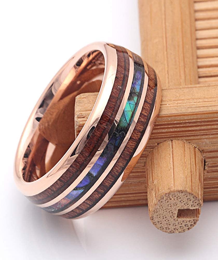 Tungsten Wedding Band Ring 8mm Men Women Koa Wood Abalone Ginger Lyne Collection