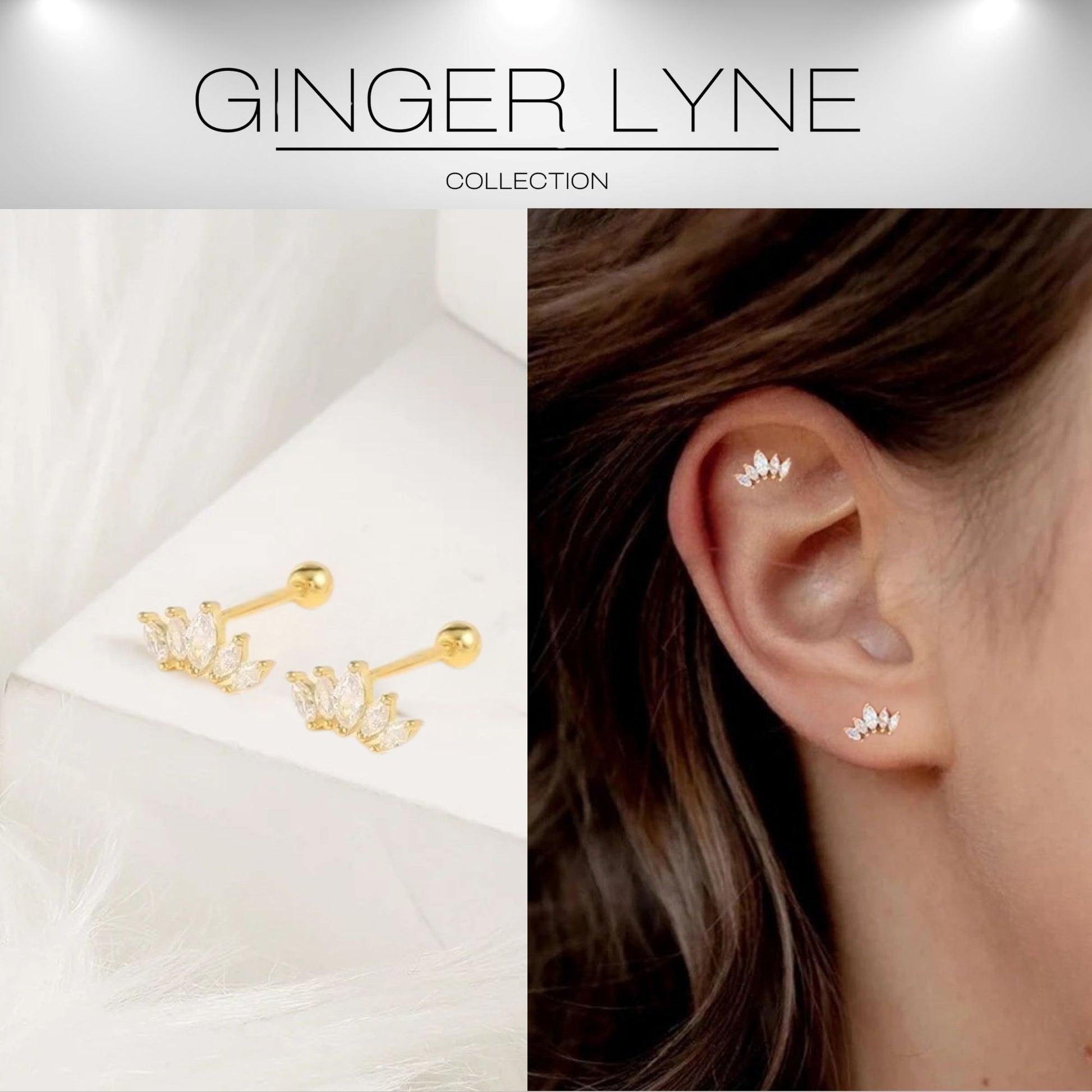 Marquise CZ Flat Back Earrings for Cartilage Helix Tragus Lobe 18g 6mm Post Sterling Silver 1 pair by Ginger Lyne - Gold