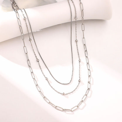 LayeredChainNecklaceforWomenbyGingerLyneGoldStainlessSteelBoxBeadandPaperclipChains_Silver-2