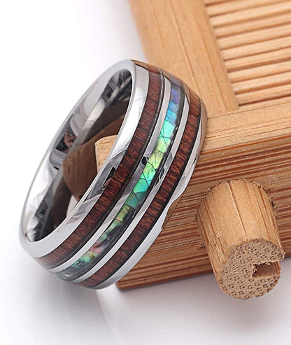 Tungsten Wedding Band Ring 8mm Men Women Koa Wood Abalone Ginger Lyne Collection